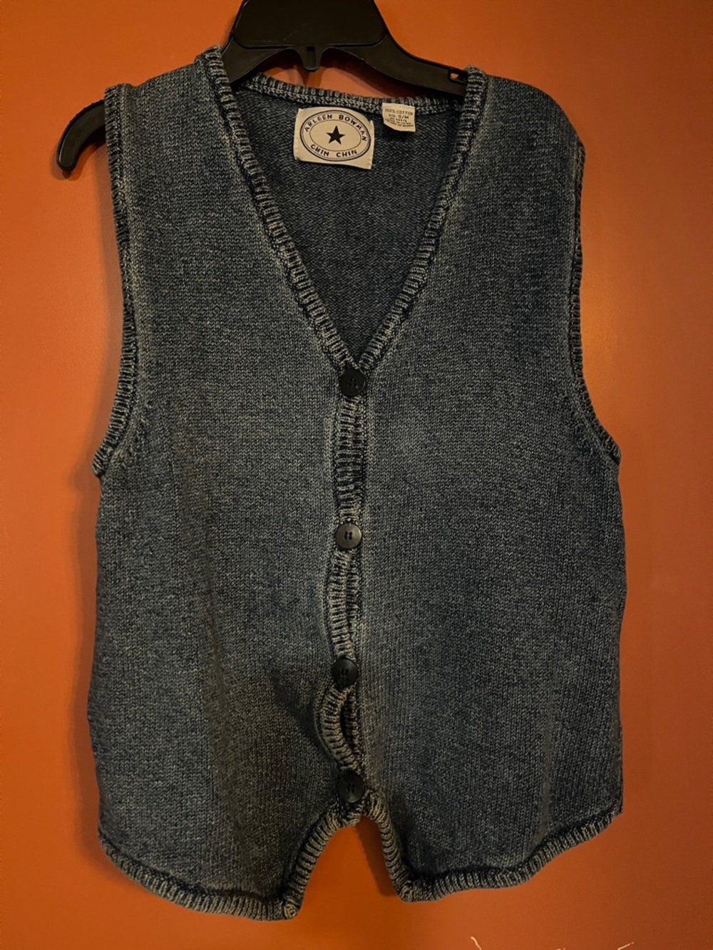 Denim-Style Knit Button-Down Vest - Blue
